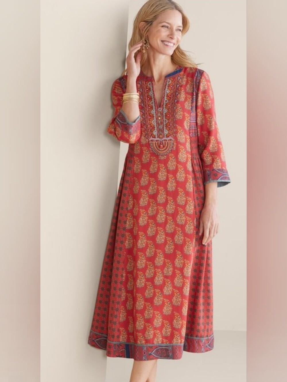 Soft Surroundings Phoenix Maxi Dress Beaded Boho Comfy Soft Casual Colorful M